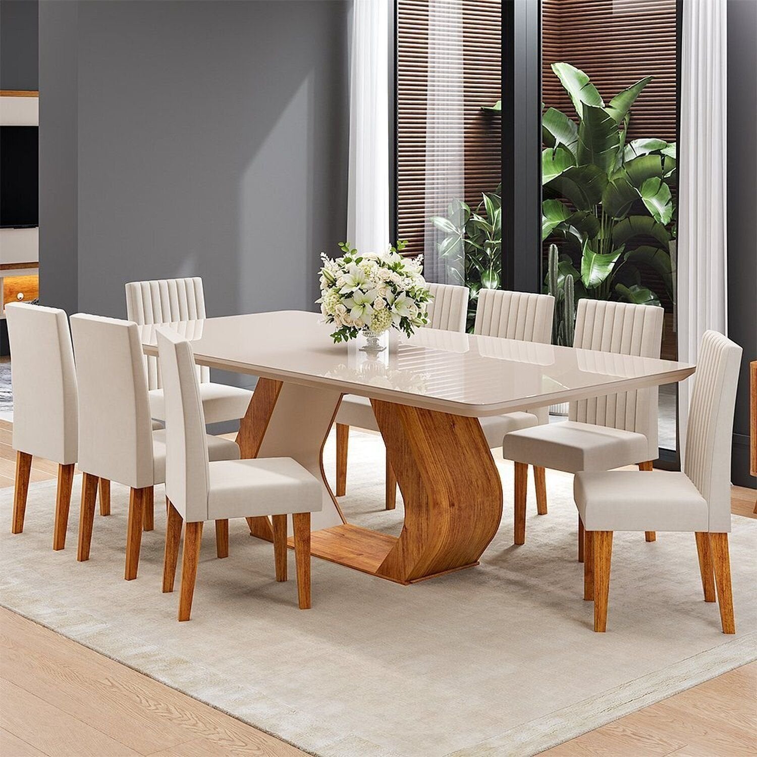 Conjunto Sala de Jantar Mesa Retangular Tampo Vidro e MDF com 8 Cadeiras Renova Yescasa