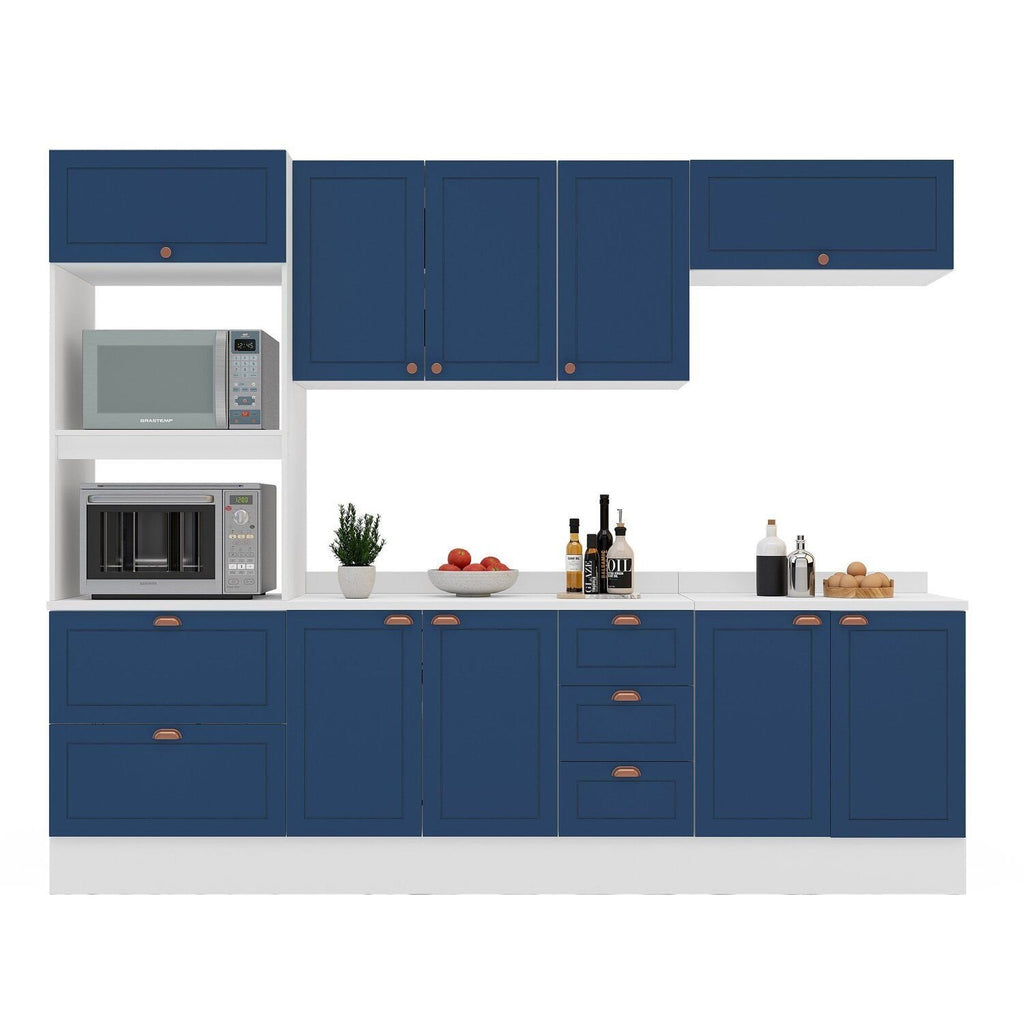 Cozinha Pérola Completa Torre Quente Aéreo 3 Portas Basculante Balcão 120 e 80 Yescasa Azul/Branco 270,2x219,4x52cm