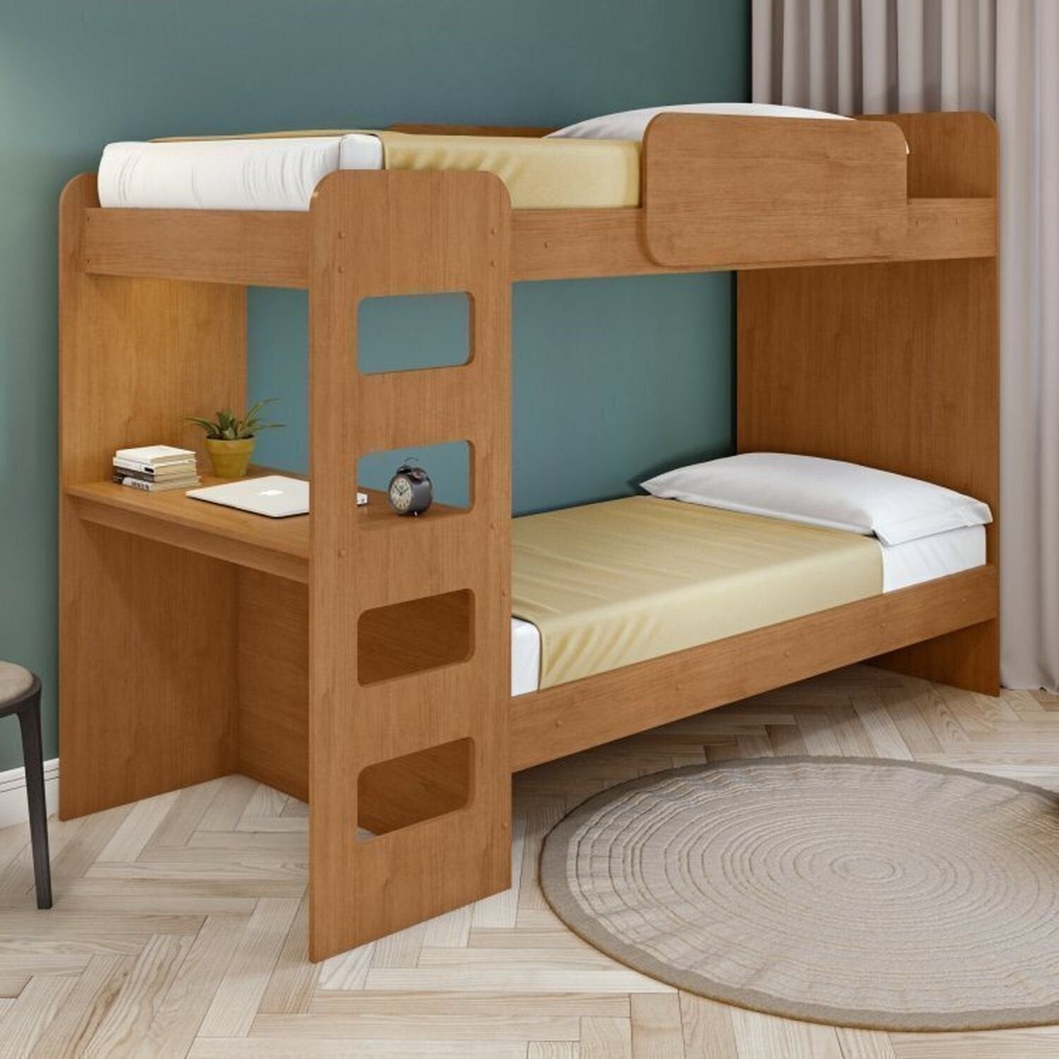 Kit Quarto Infantil 4 Peças com Beliche Olga Cômoda e Mesa de Cabeceira Baião Marrom Amêndoa Clean Móveis Lopas