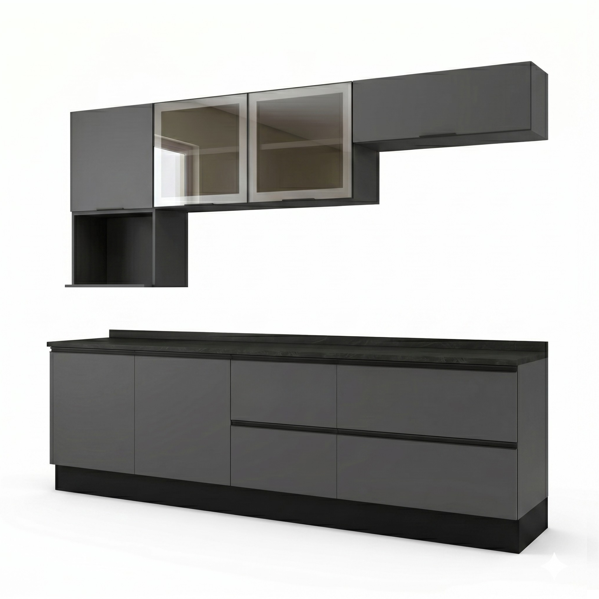 Cozinha Modulada Completa 7 Peças 7 Portas 4 Gavetas com Nicho para Micro-Ondas e Balcão com Tampo Etna Poliman Móveis Grafite Cinza
