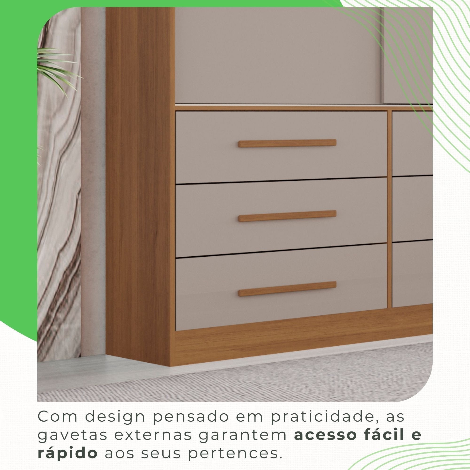 Guarda-Roupa Casal 3 Portas 9 Gavetas Luana Sallêto Móveis MDF/MDP Off White/Cinamomo