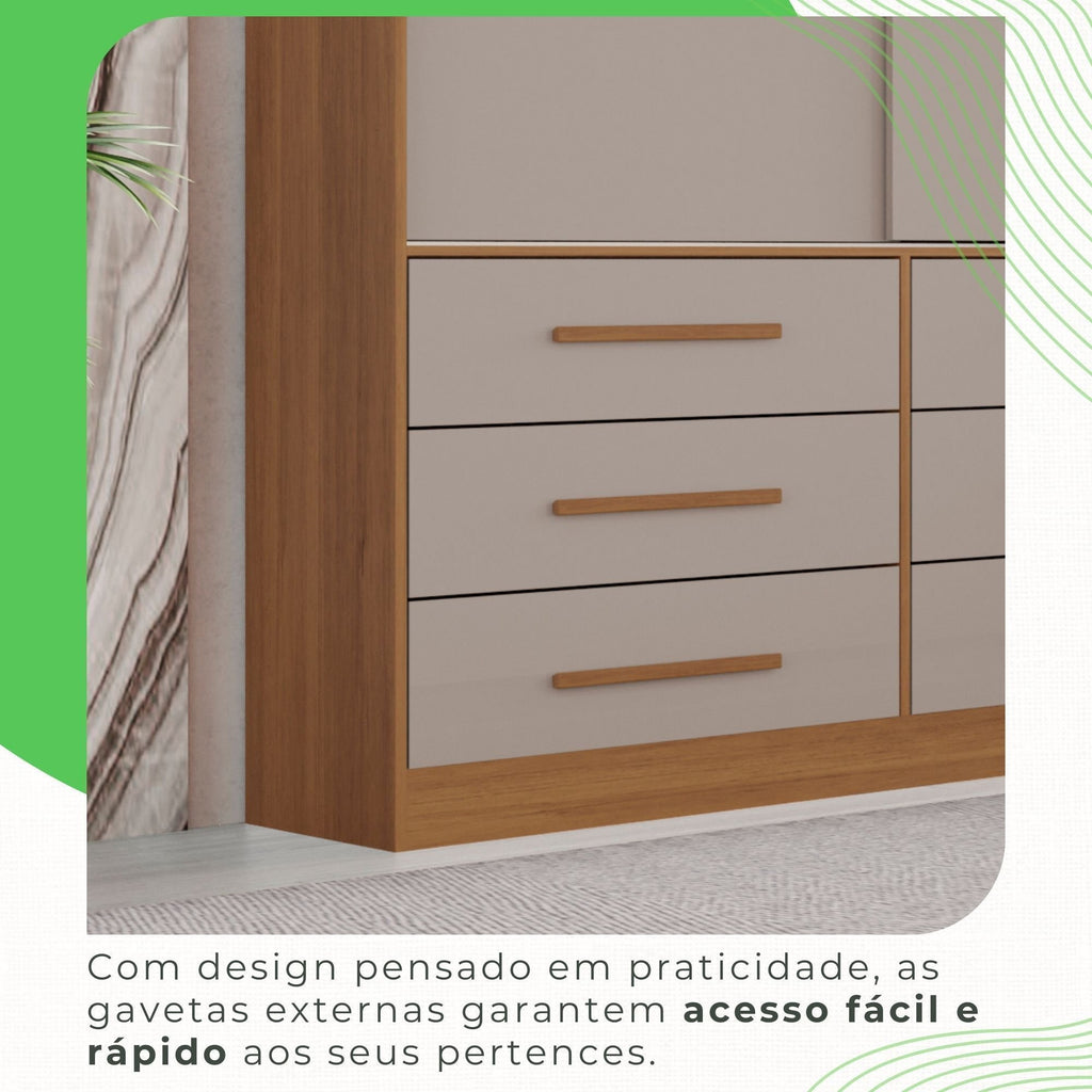 Guarda-Roupa Casal 3 Portas 9 Gavetas Luana Sallêto Móveis Off White/Cinamomo