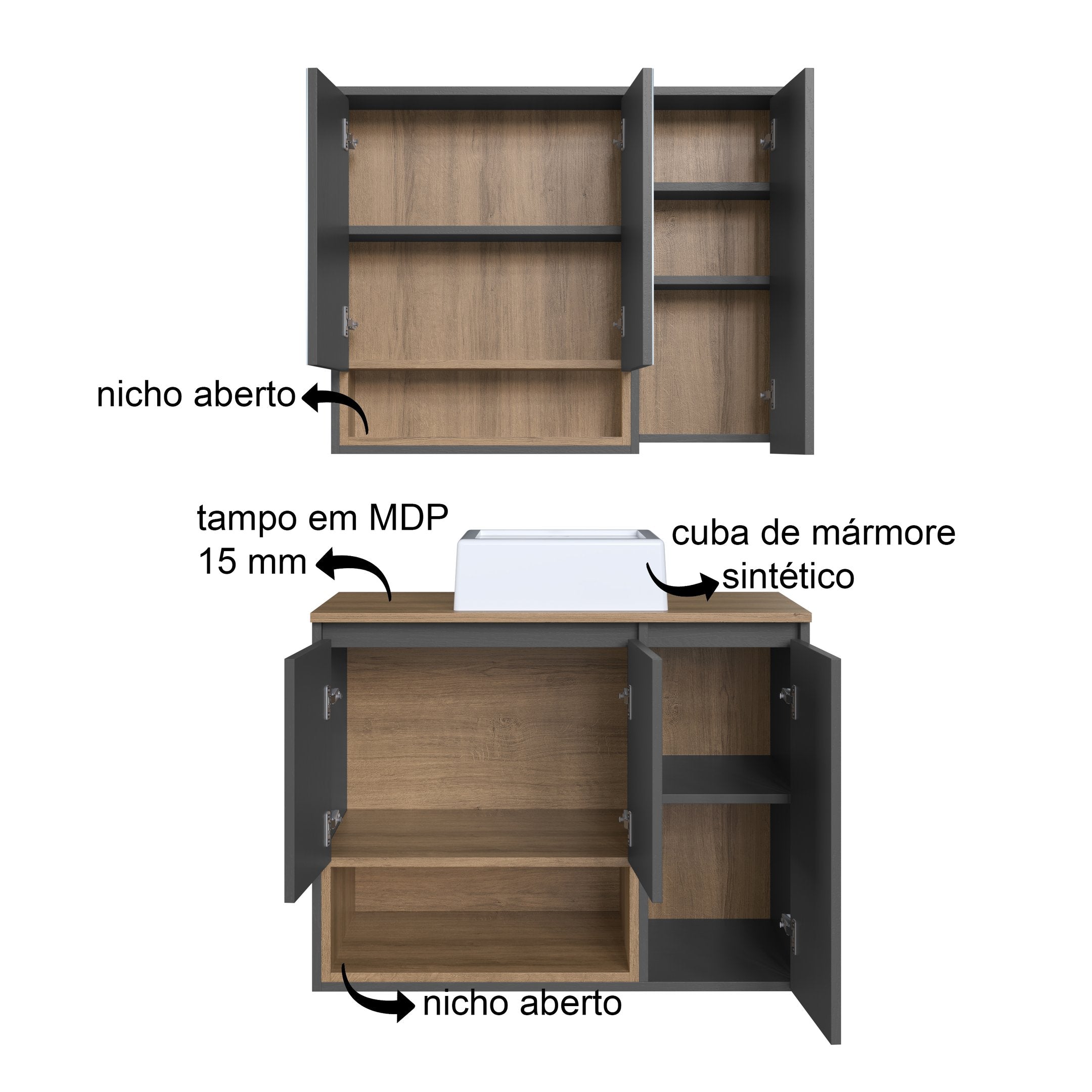 Conjunto para Banheiro Gabinete Suspenso com Cuba e Espelheira Cecília FAEMA 80cm Marrom/Mel/Grafite