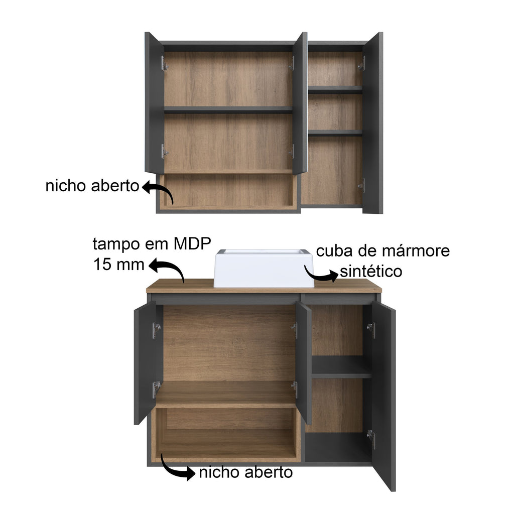 Conjunto para Banheiro Faema Cecília Suspenso 80cm Cuba e Espelheira 3 Portas Marrom/Mel/Grafite