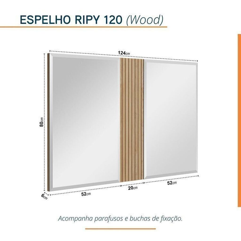 Conjunto para Banheiro Bancada Porcelanato Cuba Apoio Armário Espelho Ripy Bumi 120cm Amarelo/Wood/Travertino