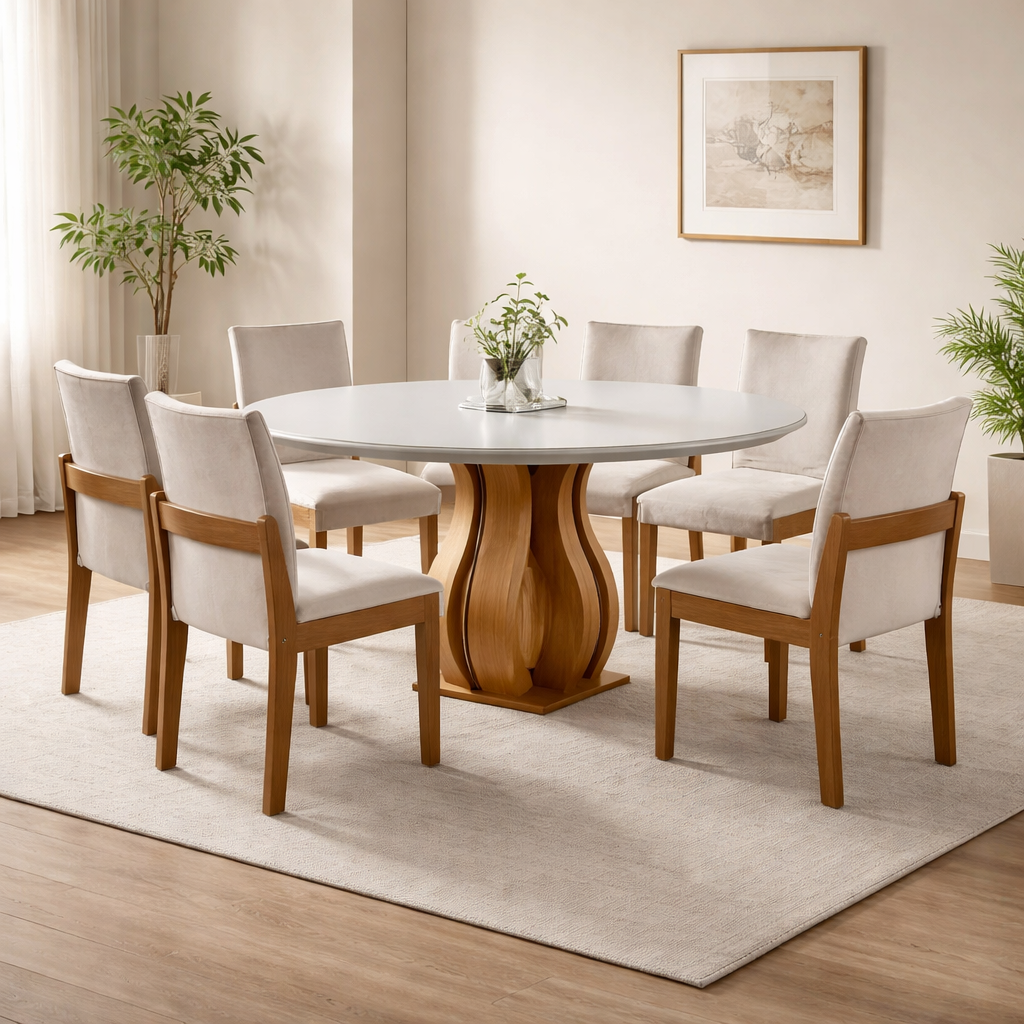Conjunto Sala de Jantar Mesa Redonda com 6 Cadeiras Mônaco Nuance Yescasa Cinamomo/Creme/Off White