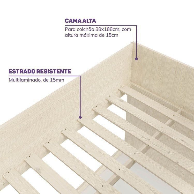 Quarto Infantil Completo Cama Elevada com Cômoda Escrivaninha Armário Artsy e Guarda-Roupa 4 Portas Curió Casatema MadeiraOriginals Natural