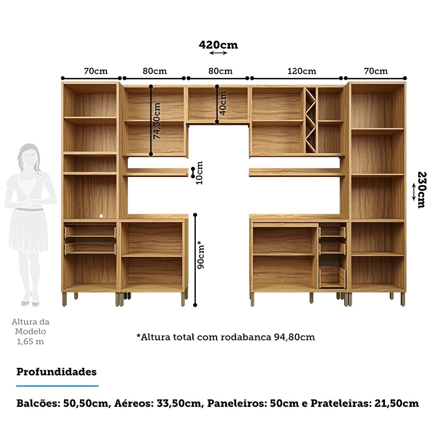 Cozinha Completa Modulada Barbados 7 Peças 16 Portas com Vidro e Tampo 100% MDF Espresso Móveis Bege/Amêndoa/Off White