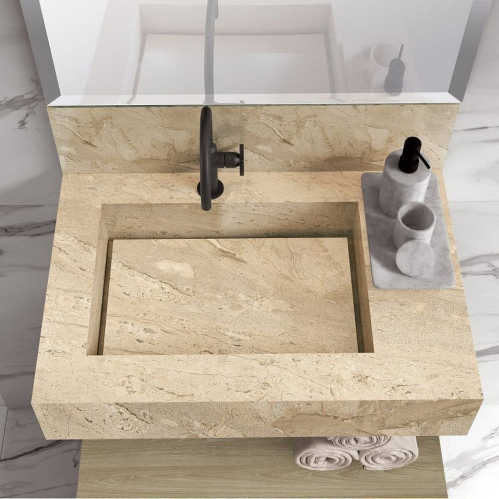 Conjunto para Banheiro Bancada em Porcelanato com Cuba Esculpida, Armário e Espelheira Ripy Bumi 60cm Amarelo/Wood