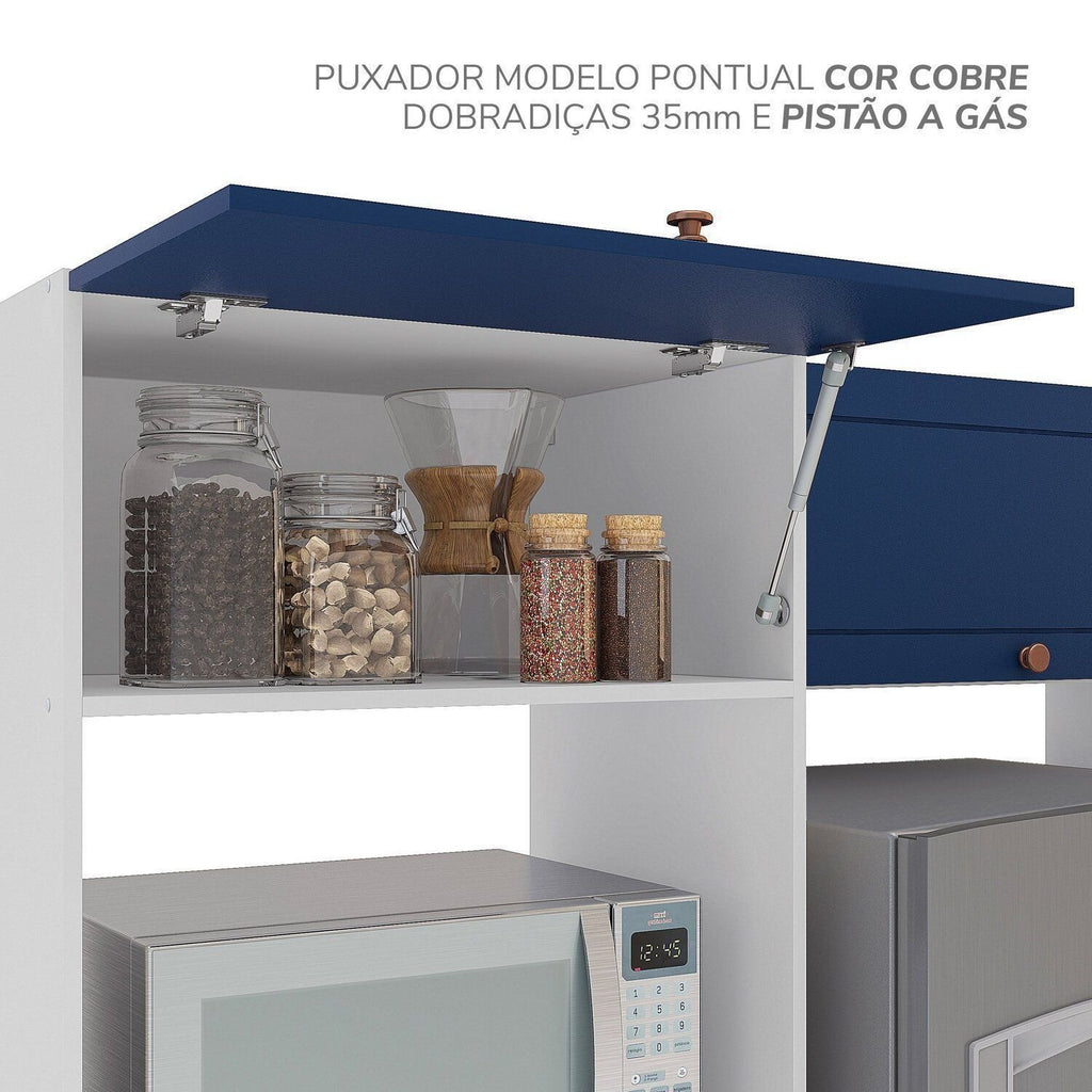 Cozinha Completa Modulada Pérola Yescasa 9 Peças Torre Quente Aéreo Balcão Basculante Canto Rodapé Branco/Azul