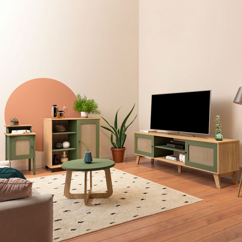Sala de Estar Completa Charlotte para TV Até 75 Polegadas 4 Portas 3 Prateleiras Pnr Móveis Menta/Carvalho