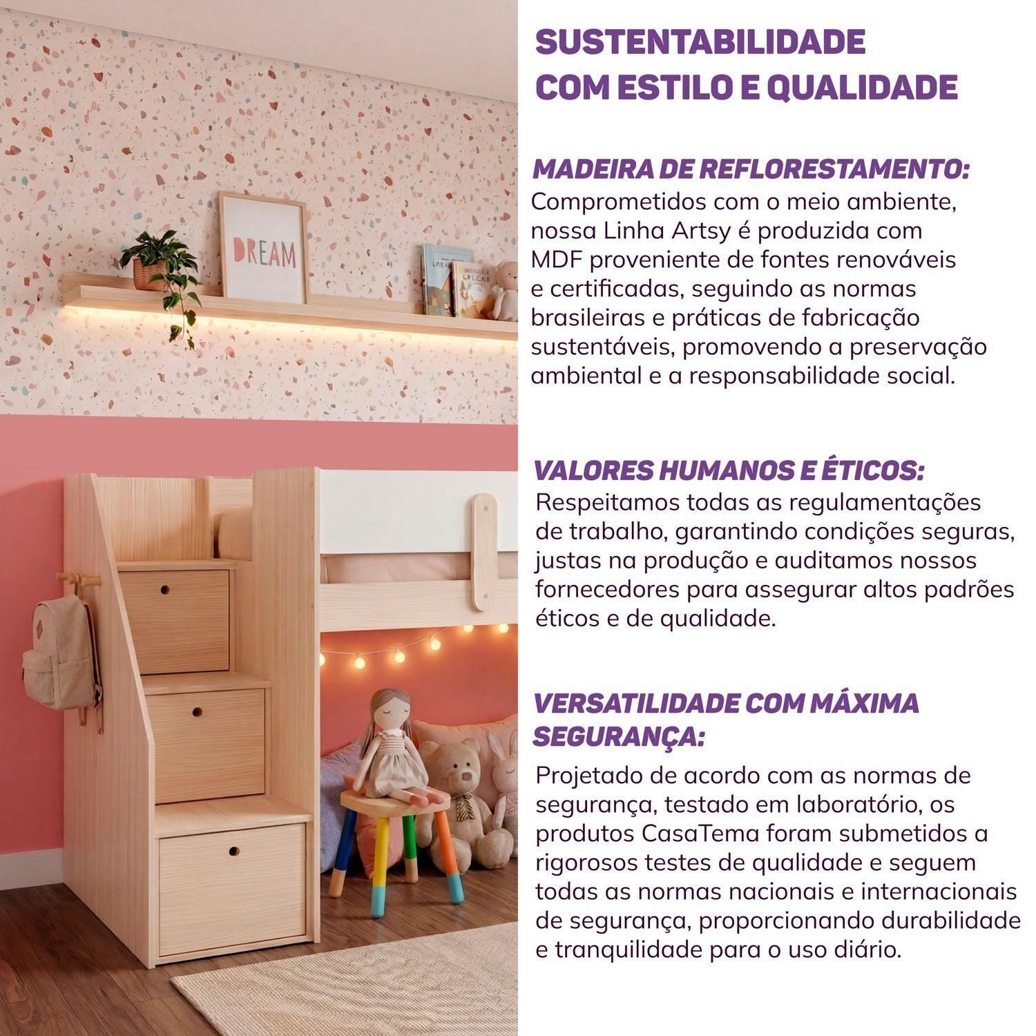 Cama Elevada Infantil com Escada e Gavetas Artsy MadeiraOriginals Casatema