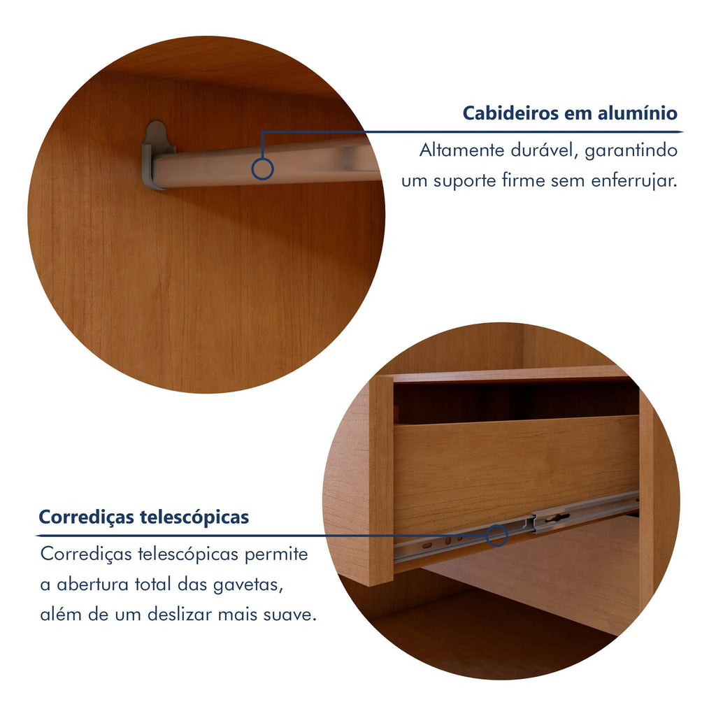 Guarda-Roupa Casal 3 Portas 6 Gavetas com Pés MDF 274cm Ollie Yescasa Marrom Amêndoa Clean/Off White