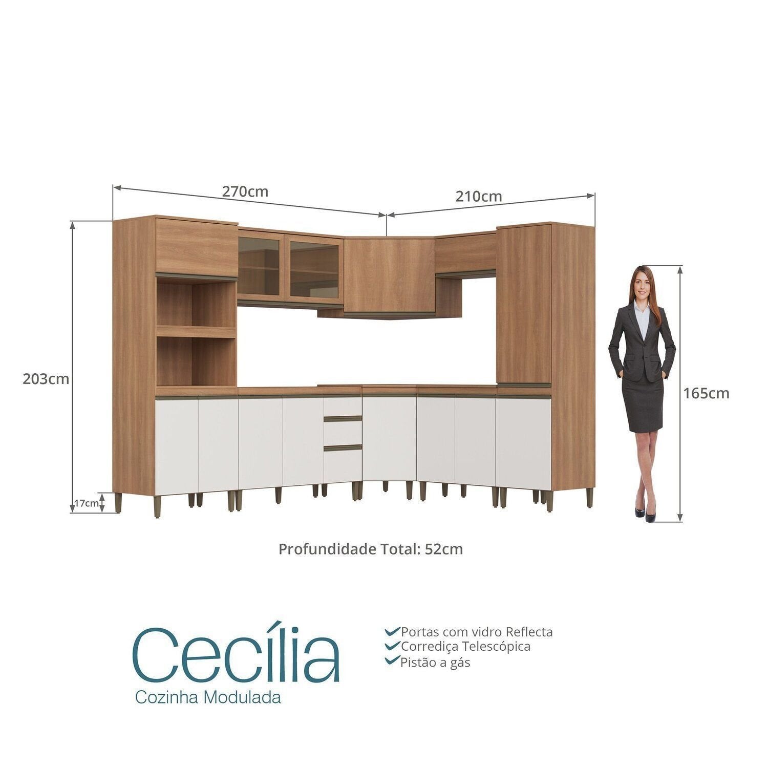 Cozinha Completa Modulada Cecília J Carvalho 8 Peças Torre Quente Paneleiro Canto Oblíquo Vidro Reflecta Marrom/Freijó/Off White