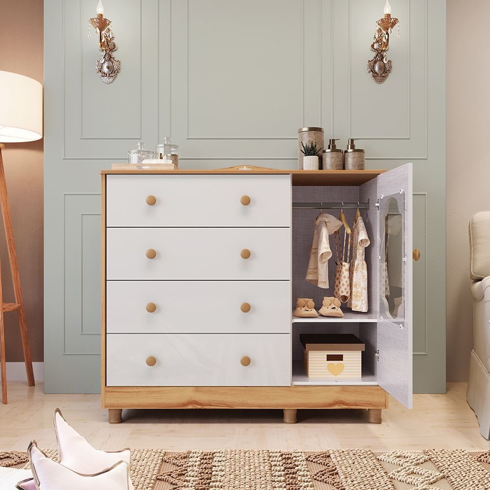 Cômoda de Bebê 120,3cm 1 Porta com Janela e 4 Gavetas Maya Provençal Yescasa Branco/Brilho/Amêndoa