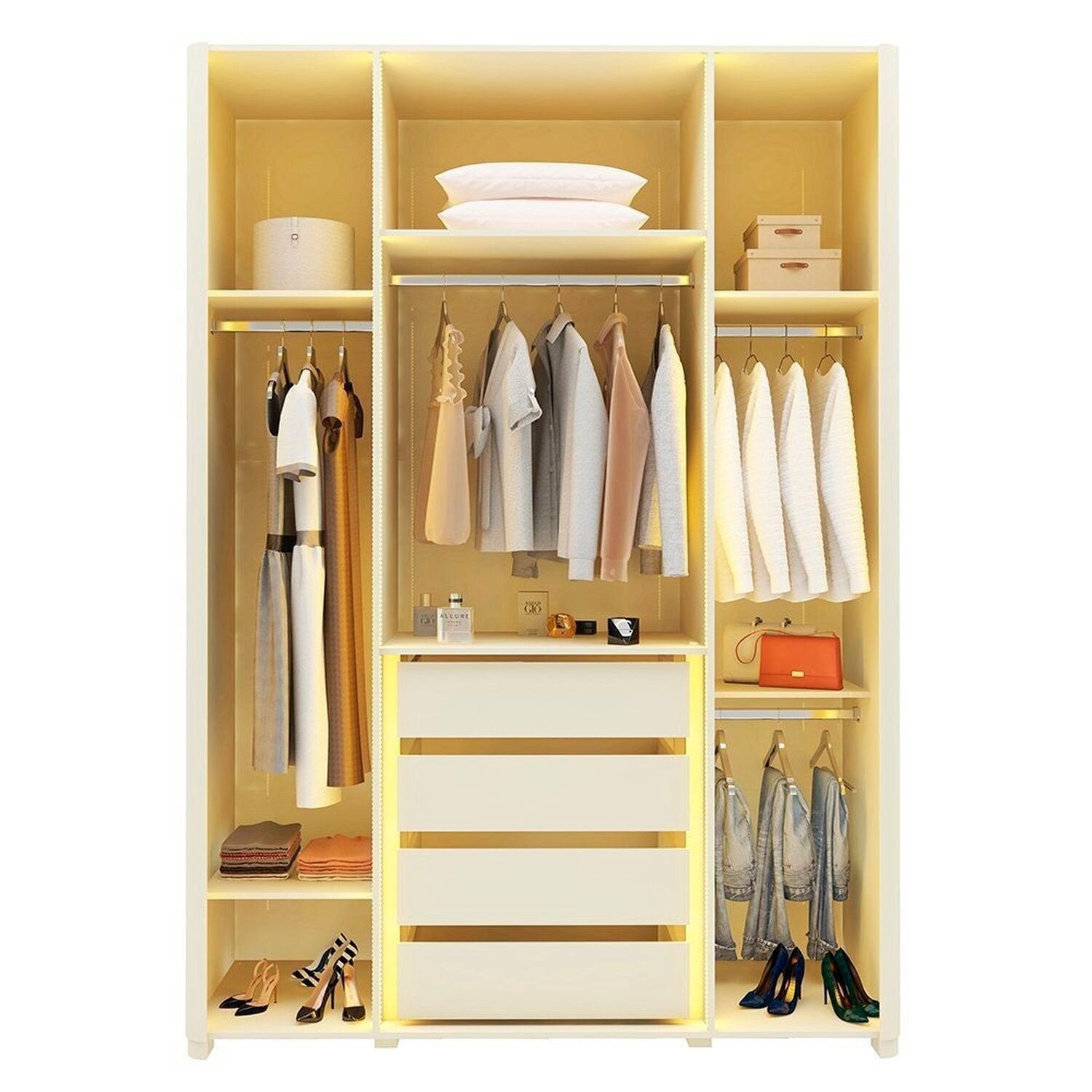 Guarda-Roupa Solteiro 4 Portas Reflecta com Pés e LED 100% MDF Innova Gelius Móveis Bege/Off White
