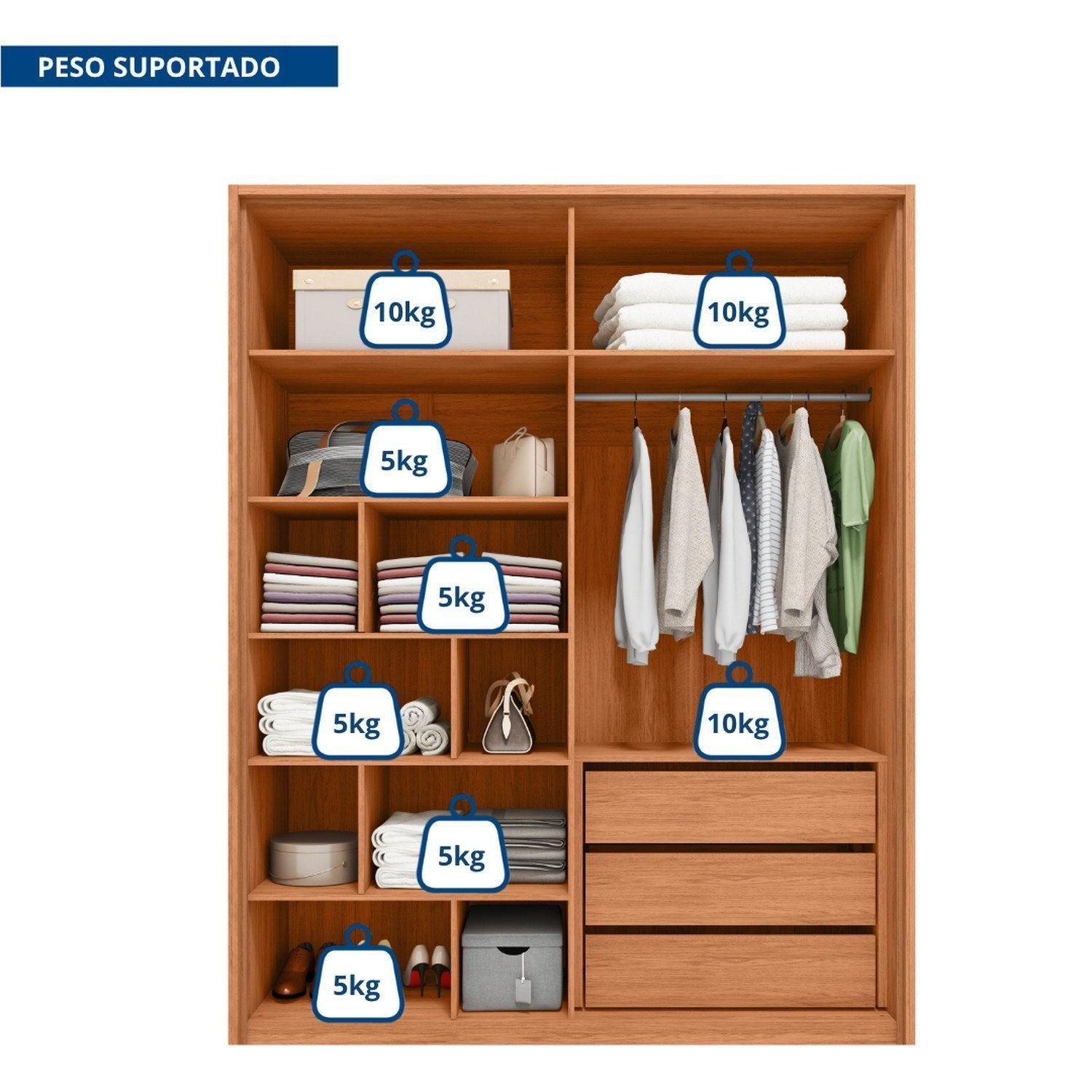 Guarda-Roupa 4 Portas Reflecta 3 Gavetas 100% MDF Freijó New Reflex Caemmun