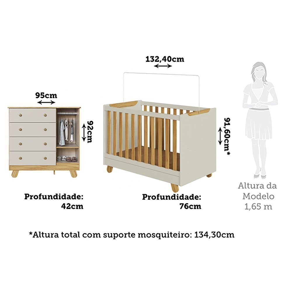 Quarto de Bebê Cômoda e Berço Minicama 4 em 1 Levy 100% MDF Espresso Móveis Bege/Amêndoa/Off White