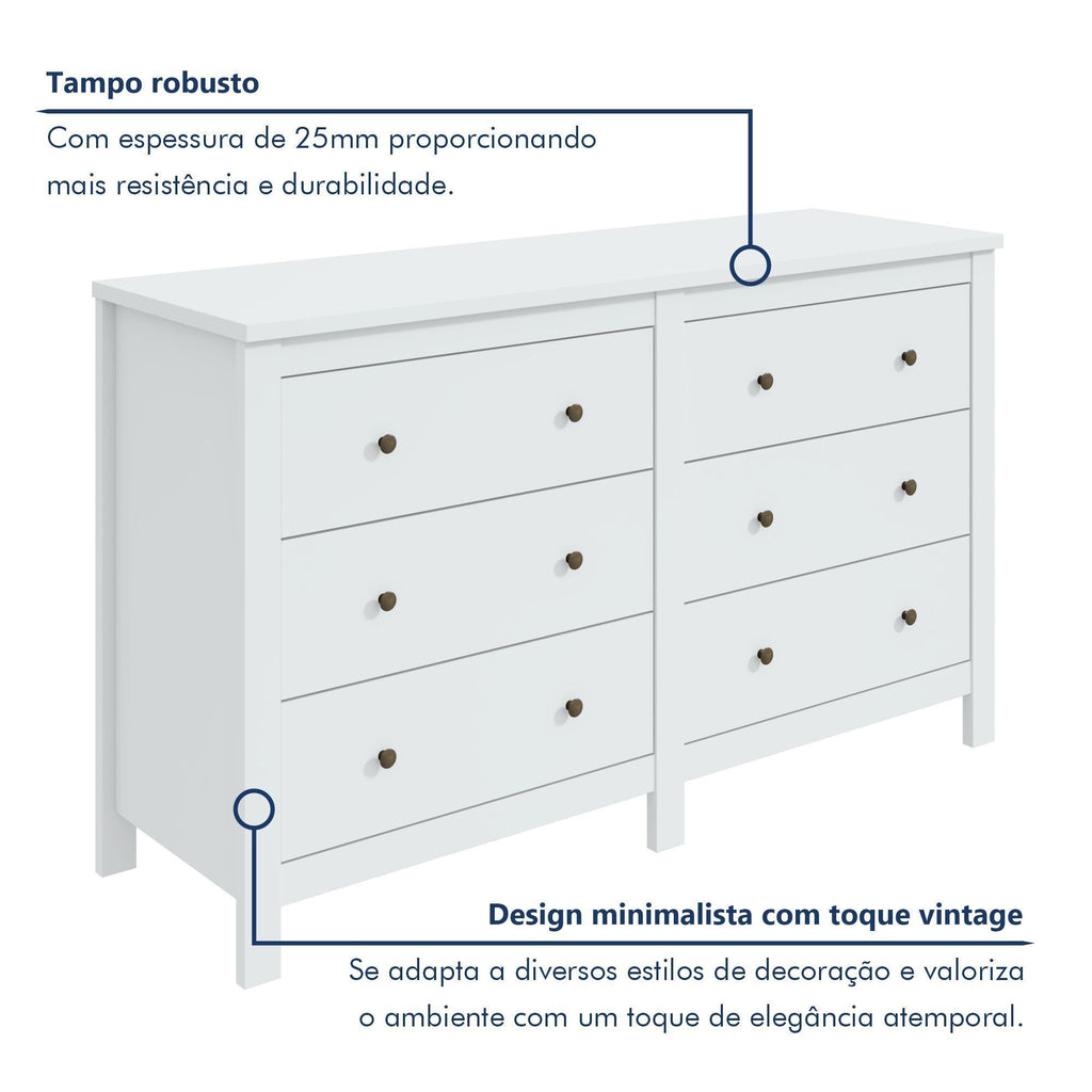 Cômoda para Quarto 6 Gavetas Estilo Clássico MDF Maggiore New 162cm Espresso Móveis Branco