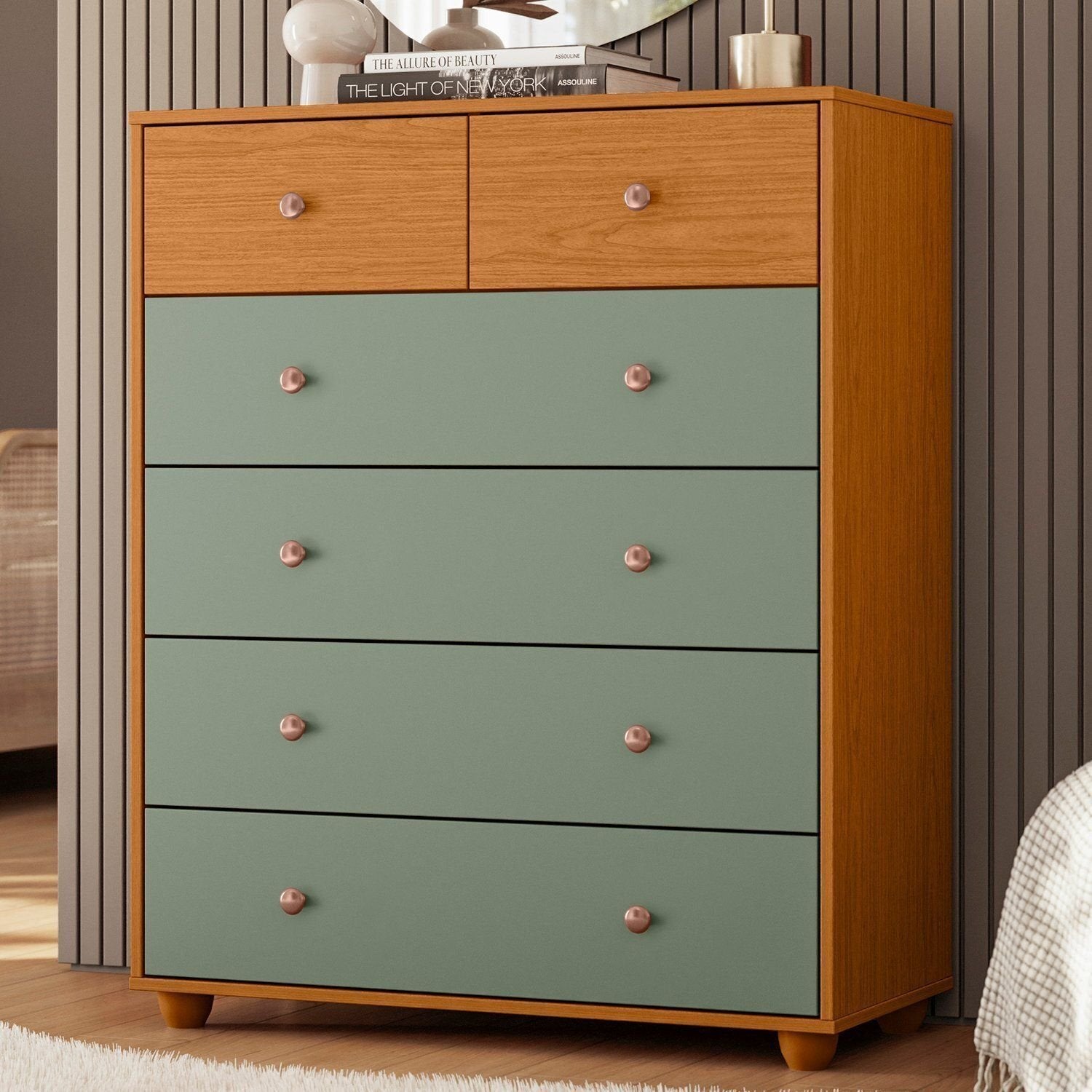 Cômoda 6 Gavetas Vittoria Albatroz Móveis 110x90x41 cm Marrom/Cinamomo/Sálvia