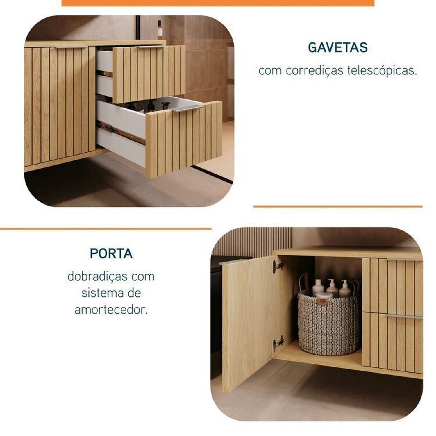 Conjunto para Banheiro Bancada em Porcelanato com Cuba Esculpida, Armário e Espelheira Ripy Bumi 60cm Amarelo/Wood