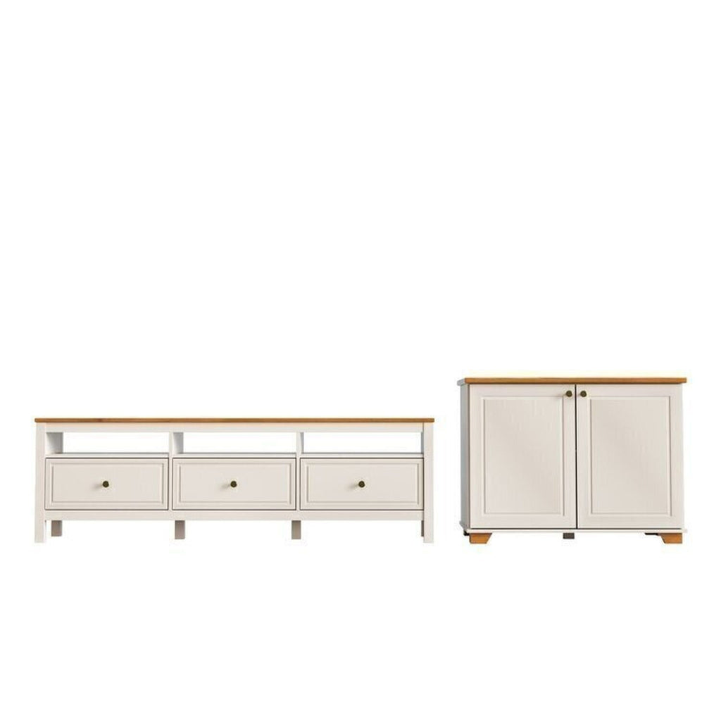 Conjunto Sala Ananda Rack e Armário Multiuso Madeira Maciça Off White/Mel CabeCasa MadeiraMadeira