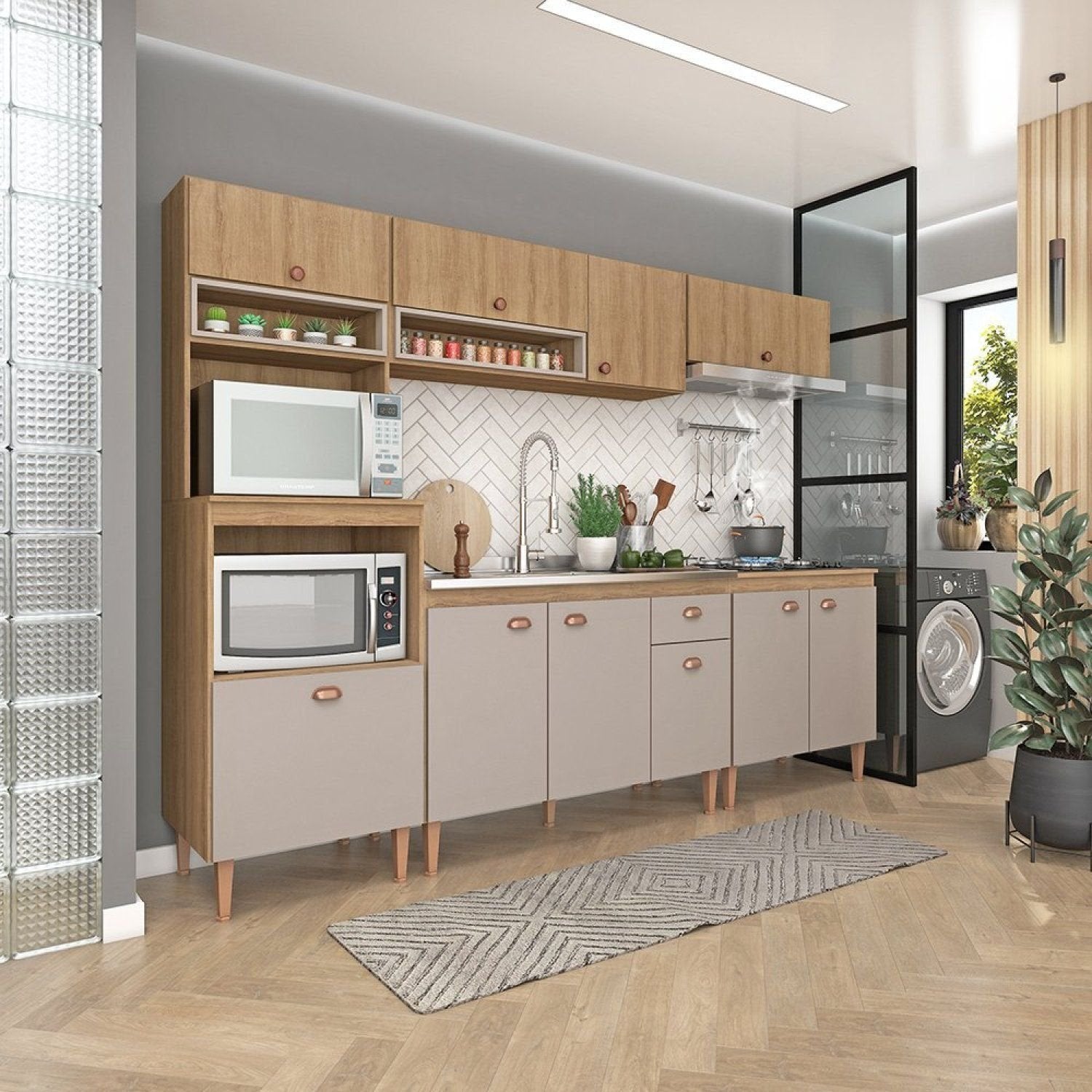 Cozinha Completa Modulada Marti Yescasa 5 Peças Torre Quente Balcão Pia Aéreo Mel/Fendi Cinza