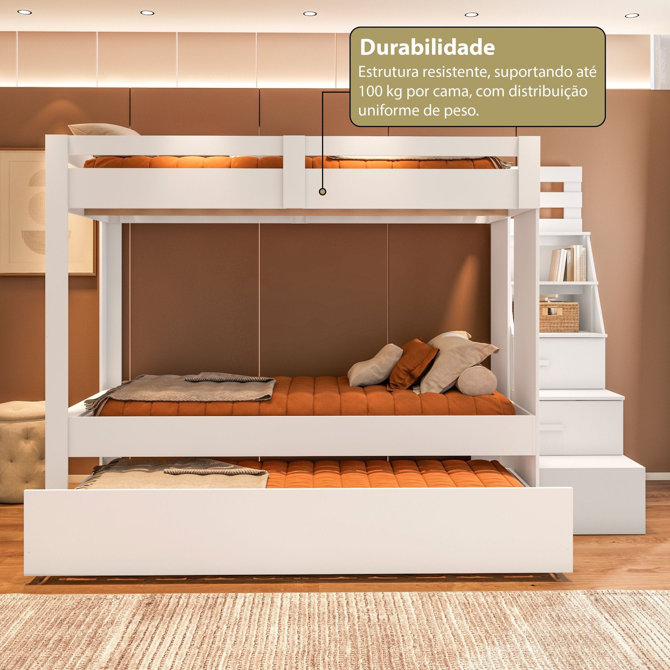 Beliche Adulto com Cama Auxiliar e Escada Multifuncional Moon Yescasa Branco