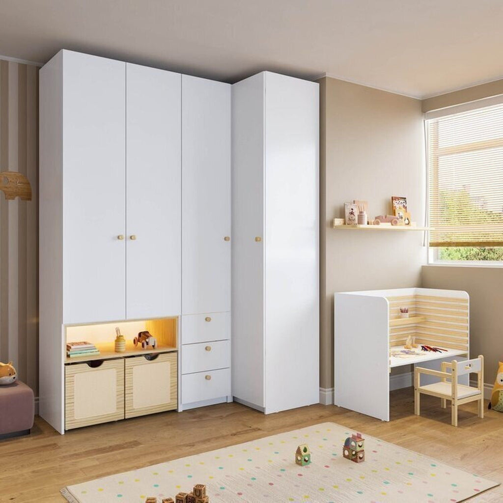 Conjunto Infantil Mesa e Cadeira Evolutiva, Prateleira e Guarda-Roupa Modulado Wave Casatema MadeiraOriginals Branco/Marrom