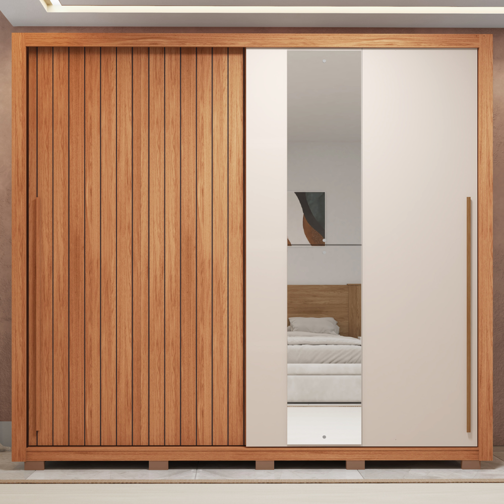 Guarda-Roupa Casal 2 Portas de Correr Ripado com Espelho Suburban Espresso Móveis MDF Freijó/Off White