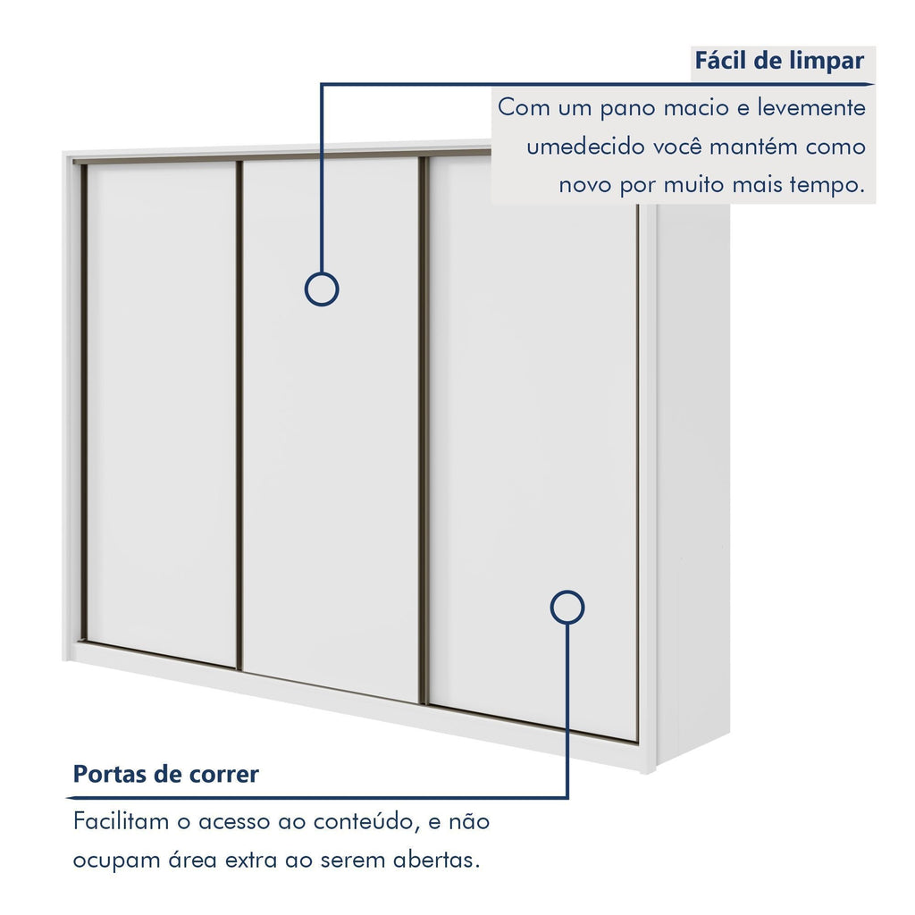 Guarda-Roupa Casal 3 Portas de Correr 6 Gavetas 270cm Spazio Yescasa 100% MDF Branco