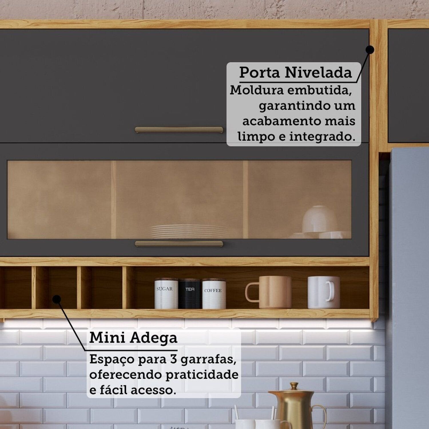 Armário Aéreo 2 Portas 120cm Vicenza Espresso Móveis Cinza/Amêndoa/Chumbo
