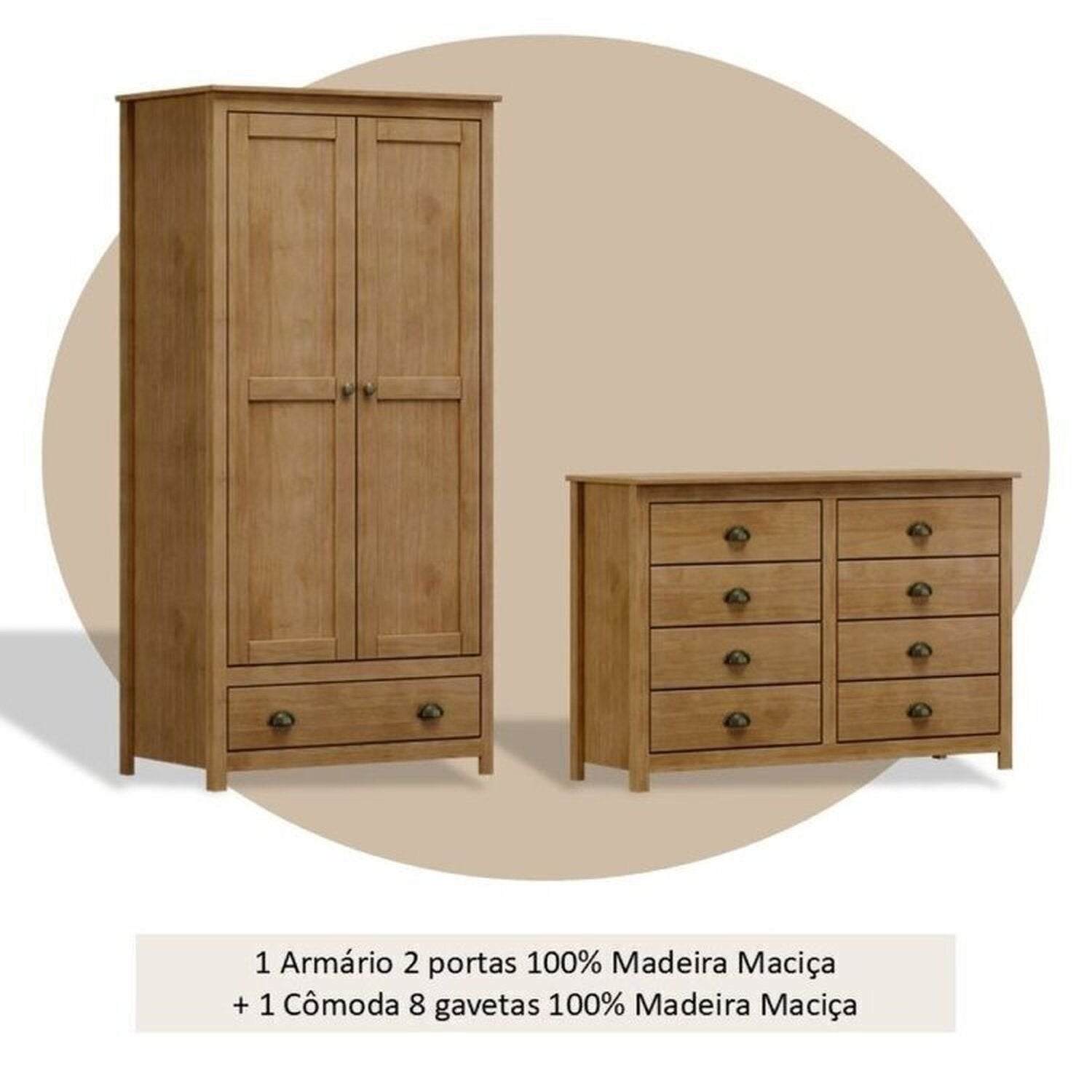 Conjunto Infantil Guarda-Roupa 2 Portas e Cômoda 8 Gavetas 100% Madeira Maciça Topázio Finestra Marrom/Freijó