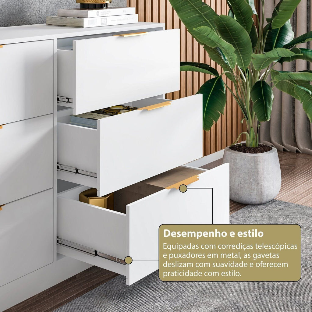 Cômoda para Quarto 9 Gavetas 200x90cm Sun Yescasa Branco