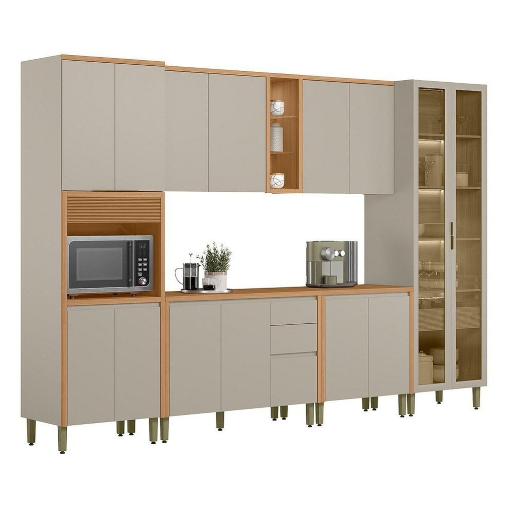 Cozinha Completa Modulada 6 Peças Torre Simples Cristaleira Allure Marrom/Jequitibá/Gris Fosco Linea Brasil