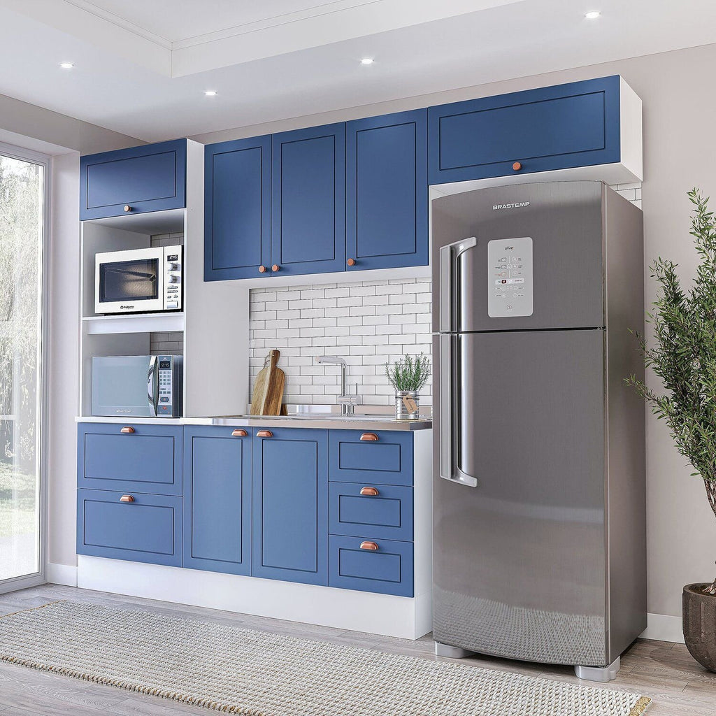 Cozinha Completa Modulada Pérola 4 Peças Torre Quente Aéreo 3 Portas Balcão 2 Gavetas Basculante Azul/Branco 270,2x219,4x52cm
