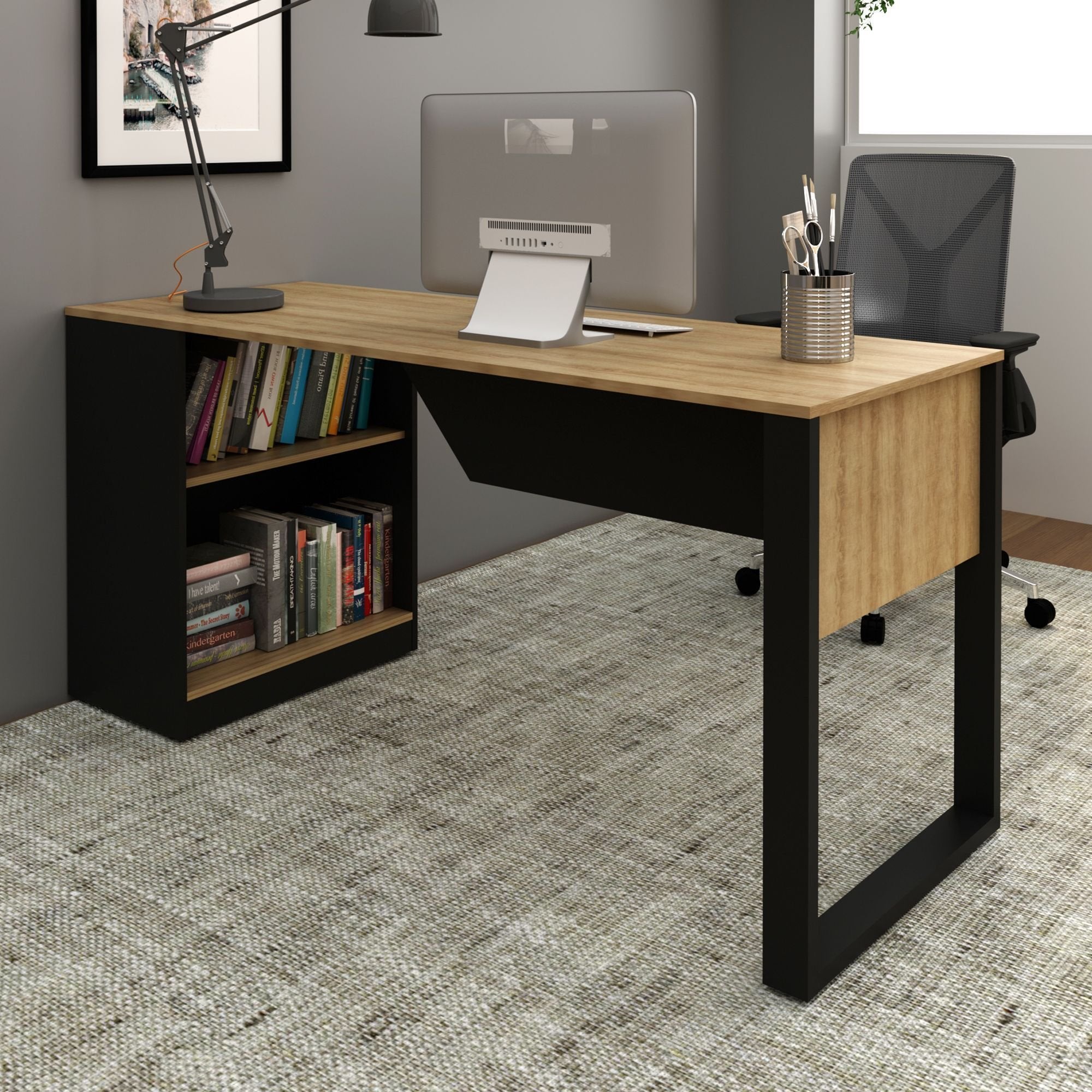 Escrivaninha Mesa Escritório 160cm Amêndoa e Preto Marrom Tecno Mobili ME4182