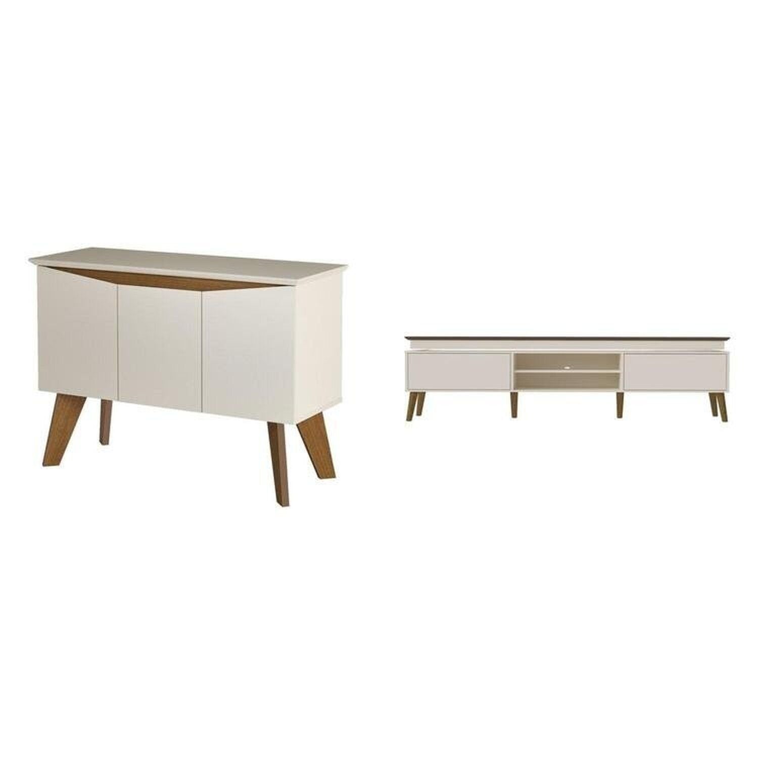 Conjunto Sala de Estar Completa Buffet Oásis e Rack Lumina Bege Off White/Cinamomo Artely