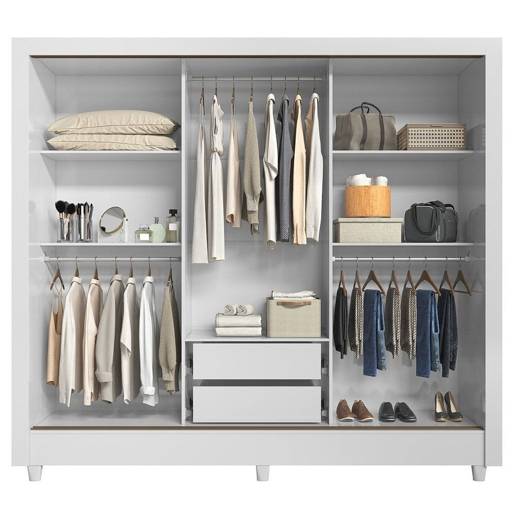 Guarda-Roupa Solteiro 3 Portas de Correr com Espelho 2 Gavetas Roma Santos Andirá 100% MDF Branco