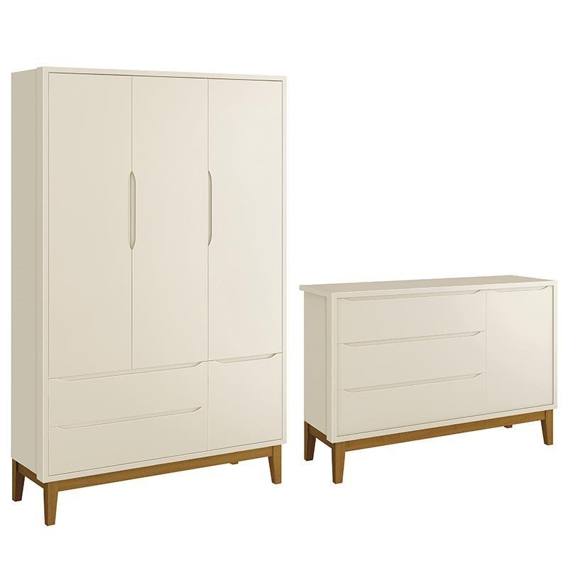 Jogo de Quarto Infantil Guarda-Roupa 3 Portas e Cômoda 1 Porta Classic Reller Móveis Areia Fosco com Pés
