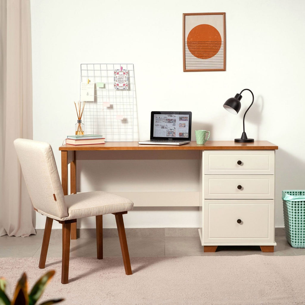 Escrivaninha Mesa Escritório Pinus Ananda 3 Gavetas 150cm CabeCasa MadeiraOriginals Off-White e Mel Marrom