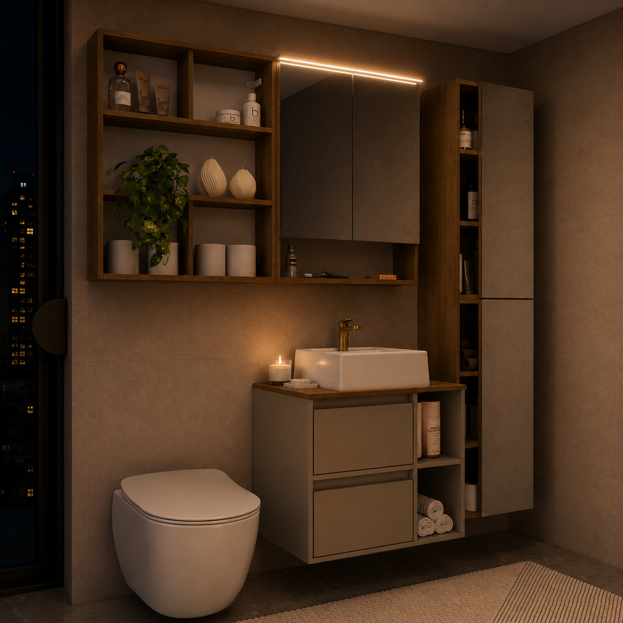 Conjunto para Banheiro Modulado 5 Peças com Iluminação LED e Cuba Yescasa 156cm Bege/Mel/Arenas