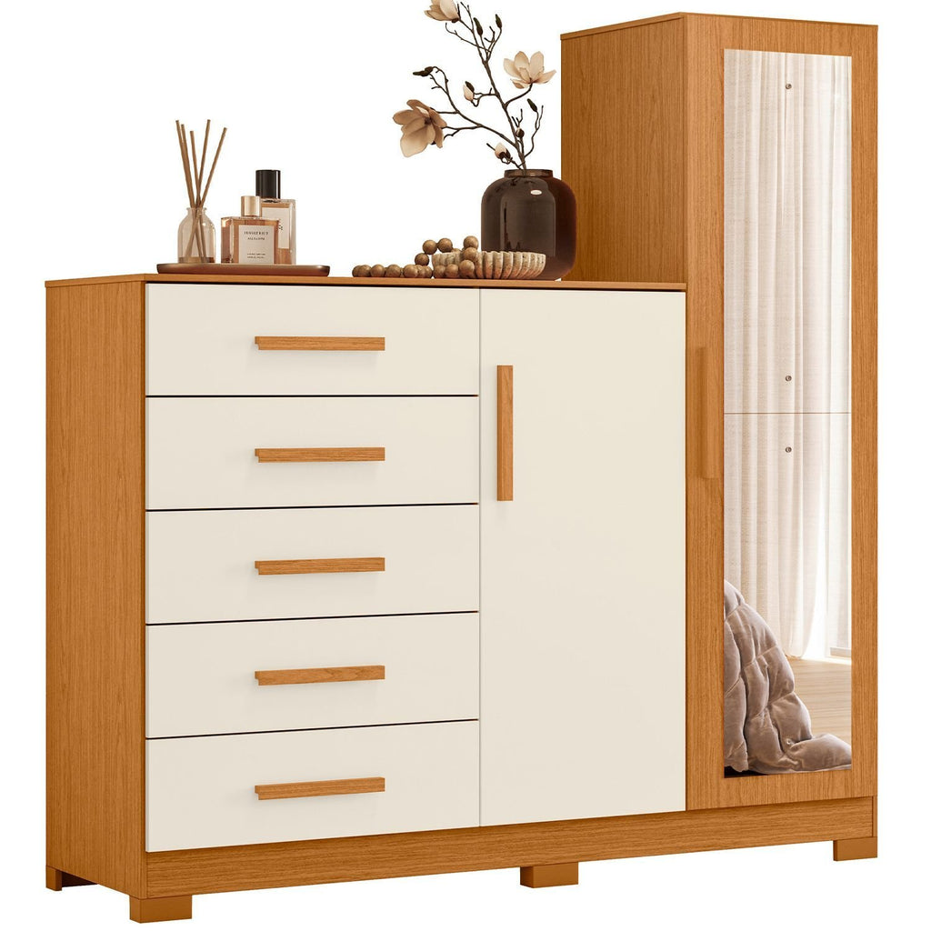 Cômoda para Quarto 5 Gavetas 2 Portas com Espelho New Master Albatroz Móveis Bege/Cinamomo/Off White