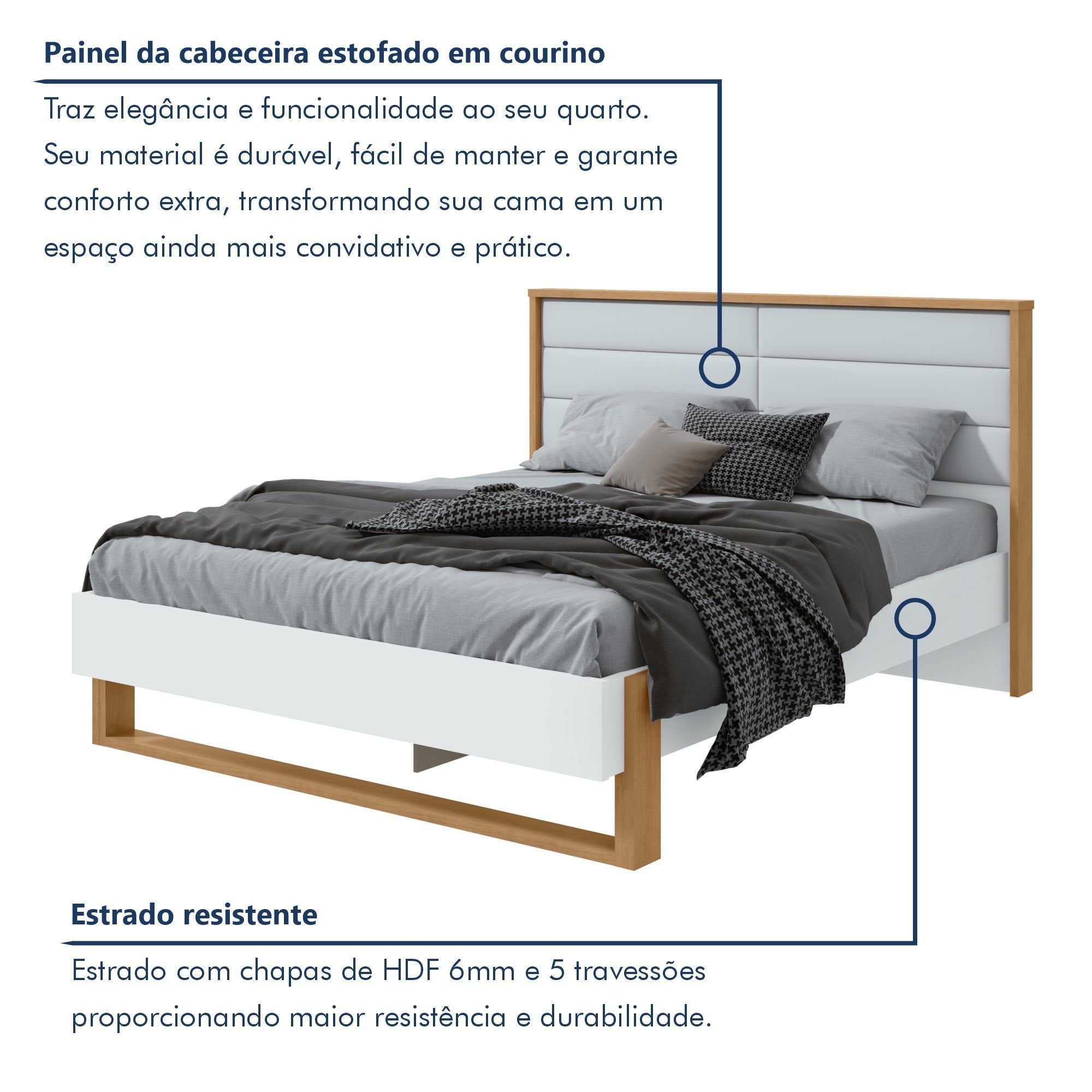 Cama Queen com LED e Pés Flutuantes Freetown Móveis Lopas Marrom Amêndoa Clean/Branco