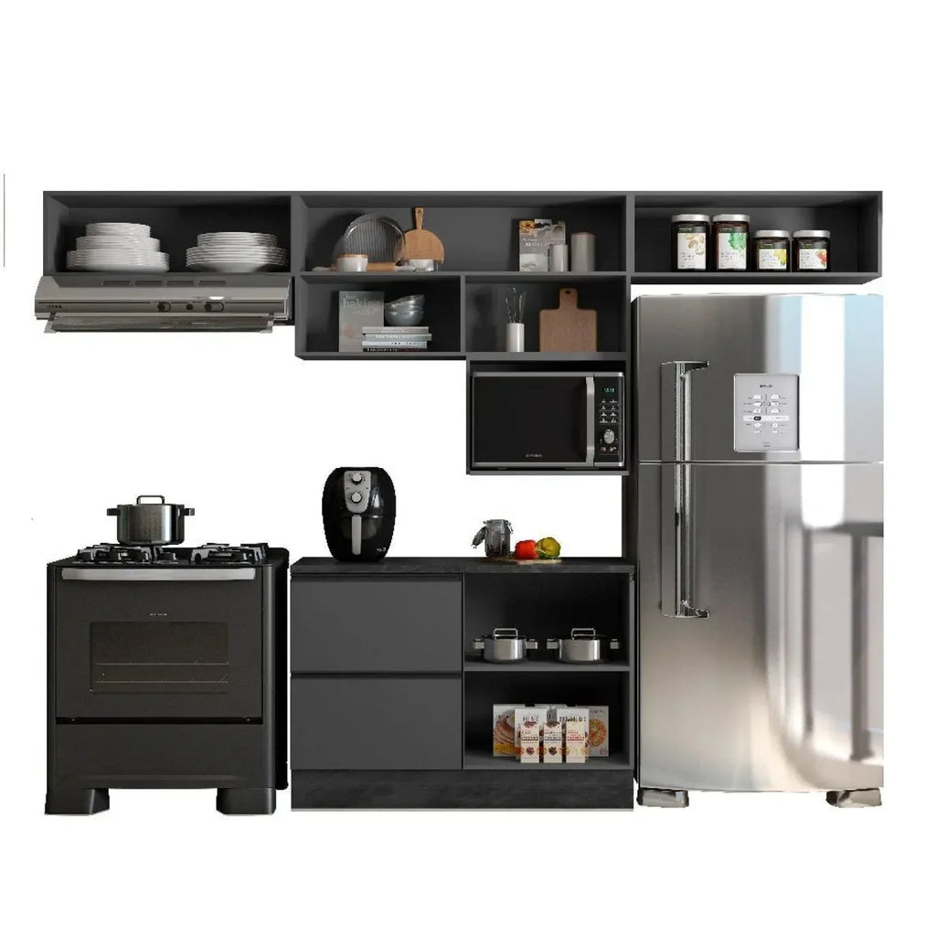 Cozinha Completa Modulada 5 Peças com Nicho para Micro-Ondas e Balcão para Pia sem Tampo Etna Poliman Móveis Grafite/Preto