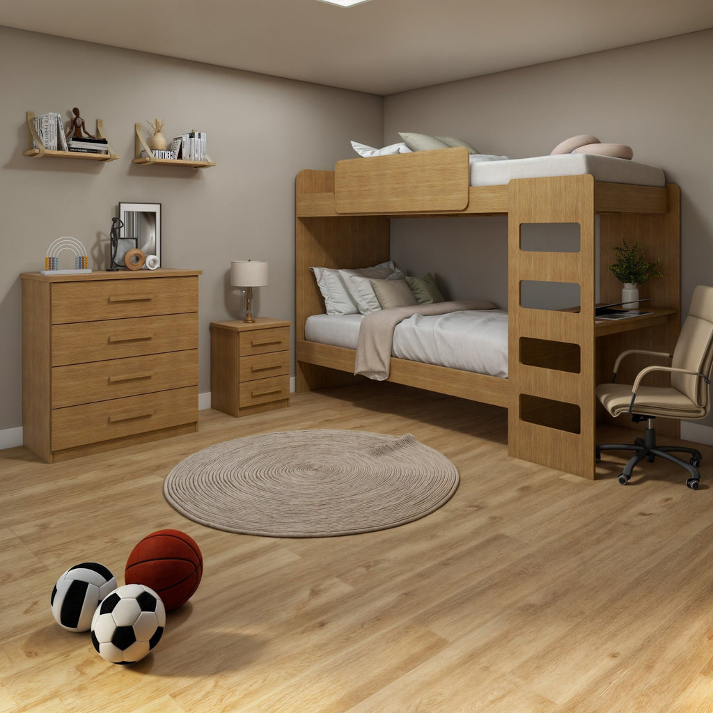 Kit Quarto Infantil 4 Peças com Beliche Olga Cômoda e Mesa de Cabeceira Baião Marrom Amêndoa Clean Móveis Lopas