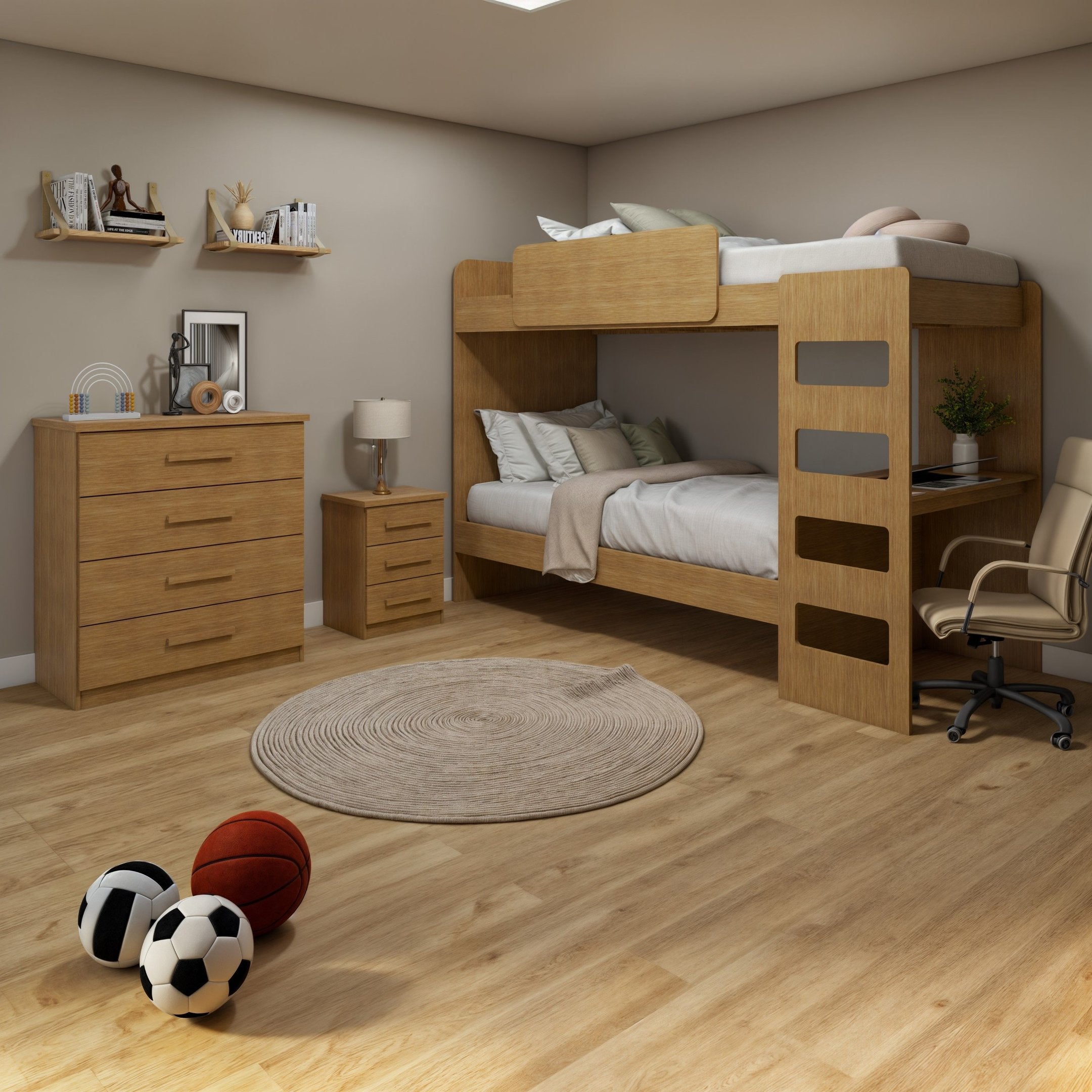 Kit Quarto Infantil 4 Peças com Beliche Olga Cômoda e Mesa de Cabeceira Baião Marrom Amêndoa Clean Móveis Lopas