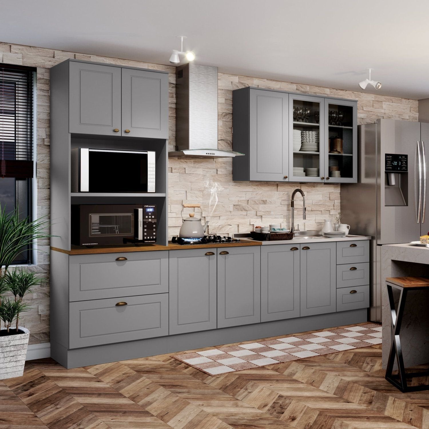Cozinha Completa Modulada 9 Portas 5 Gavetas Emily Cinza/Nature Espresso Móveis
