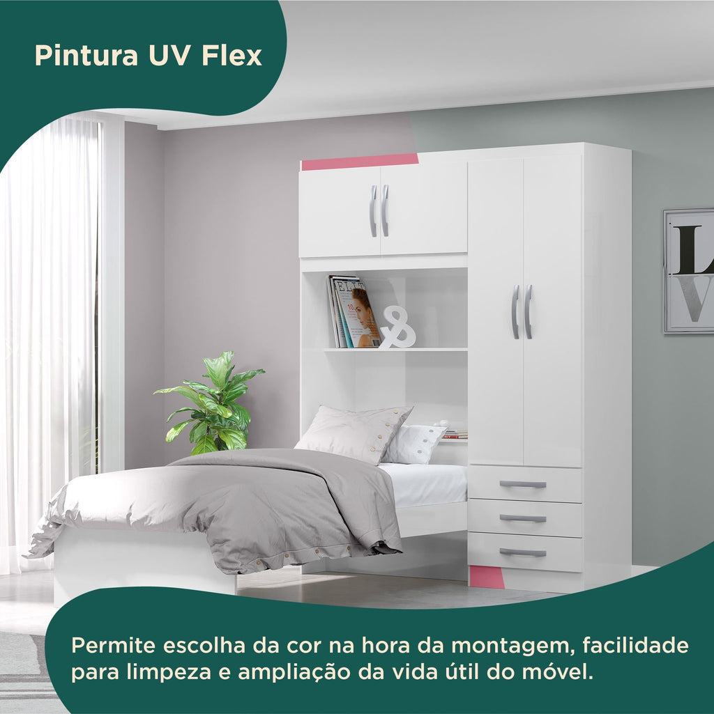 Guarda-Roupa Infantil com Cama 4 Portas 3 Gavetas Lisboa Espresso Móveis Branco/Pink
