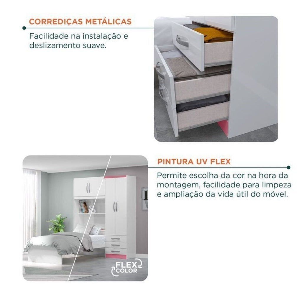 Conjunto Infantil Guarda-Roupa com Cama Lisboa 4 Portas e 3 Gavetas com Cômoda Carla 4 Gavetas MX Móveis Branco/Rosa